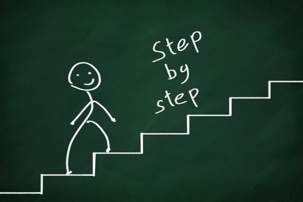 A chalkboard illustration of a smiling stick figure climbing a staircase, with the words 'Step by step' written beside the steps.