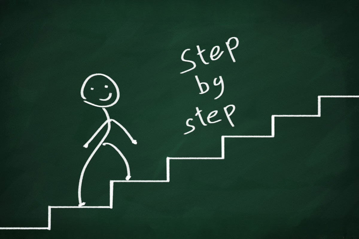 A chalkboard illustration of a smiling stick figure climbing a staircase, with the words 'Step by step' written beside the steps.